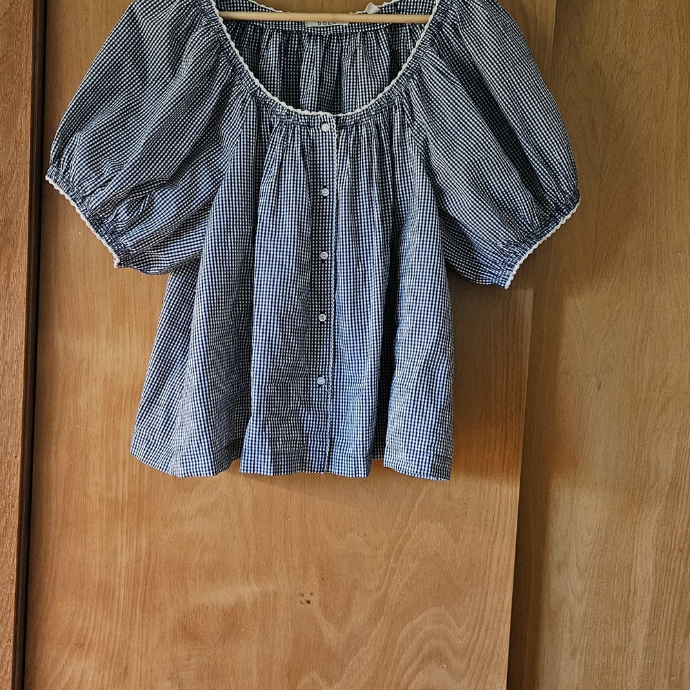 Doen Blue Gingham Puff-Sleeve Button-Front Blouse